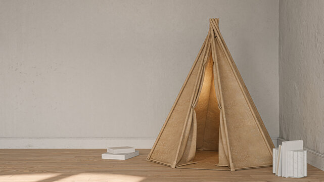 A cozy and minimalist children's playroom corner featuring a canvas teepee tent on a wooden floor, accompanied by a stack of blank white books against a textured wall.