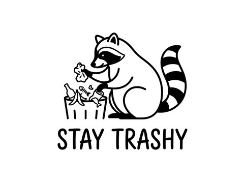 Raccoon throwing trash into bin cartoon illustration