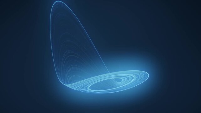 Chaotic Strange Attractor Light Trails Flowing Through Rotating 3D Phase Space seamless loop in rich cyan tones