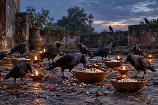 Crows feeding on ritual rice offerings with glowing diyas during pitru paksha remembrance and durga puja traditions in sacred courtyard setting outdoors