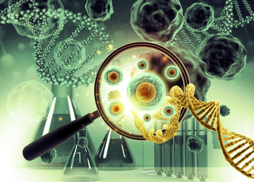 Magnifying glass analyzing human cells and a glowing DNA strand on a scientific digital background.