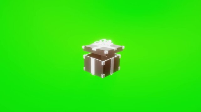 Surprise gift box opening with bright glowing light rays and hovering silver percent symbol on green screen in 3D animation