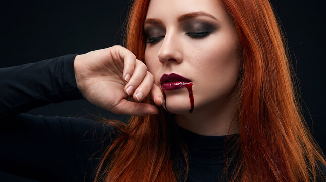 Vampire blood drinking Halloween portrait with red haired woman and dark makeup. Horror fear evil dracula monster. dark gothic fantasy mystery night, elegant wine party