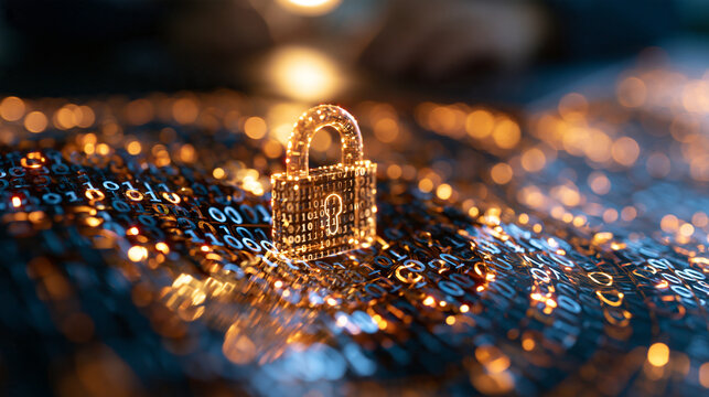 Glowing digital lock icon set against a flowing background of binary code bright clean studio lighting with soft even illumination bright digital lock code background