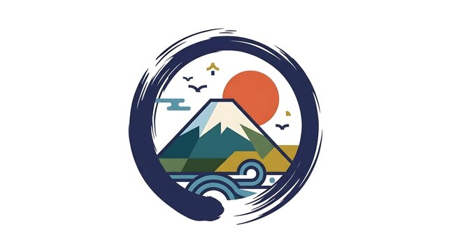 Mt fuji vector illustration with minimalist zen circle and sun