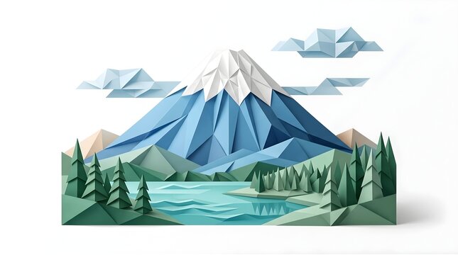 Low poly mt fuji vector landscape with pine forest and lake