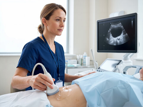 Female sonographer performing a bladder ultrasound examination. Medical technician using scanner on patient in diagnostic clinic