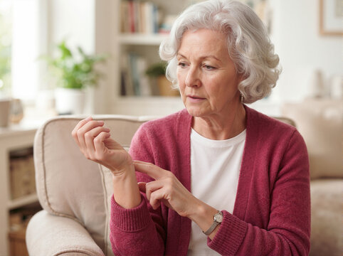 Senior woman checking pulse on her wrist at home. Elderly female self monitoring heart rate for irregular heartbeat. Health care and aging concept