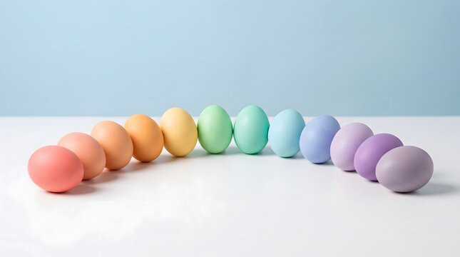 Gradient Collection of Colorful Easter Eggs Arranged in an Arch Shape on White Surface