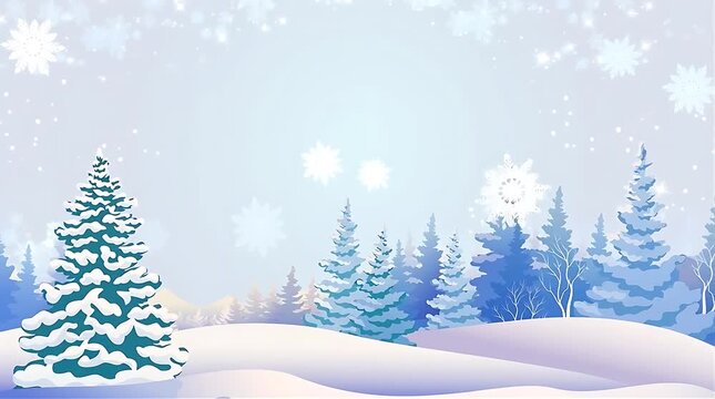 Beautiful winter landscape illustration with snowy pine trees, falling snowflakes, and mountains in the background for Christmas and New Year design