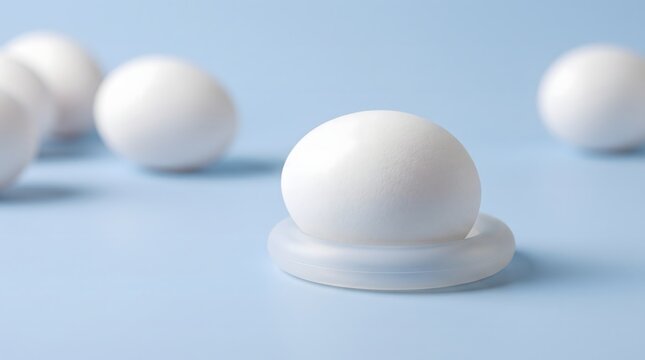 White Chicken Egg Resting on a Small Silicone Stand Against a Soft Pastel Blue Backdrop