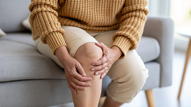 Asian senior woman seated at home and massaging a sore knee, side crop with face softly defocused, bright airy room and neutral furnishings, knee pain, senior health, arthritis, joint