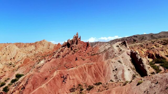A beautiful drone shot with spectacular colors at midday in Fairytale canyon "Skazka" Viewpoint, Kyrgyzstan