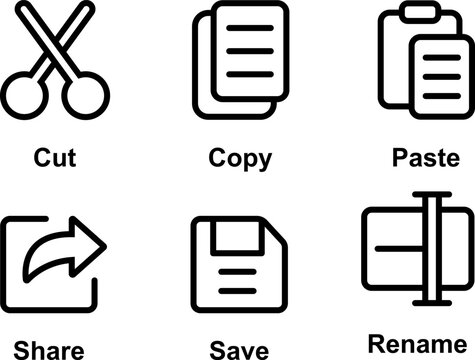 Collection of common user interface icons for cut, copy, paste, share, save, and rename