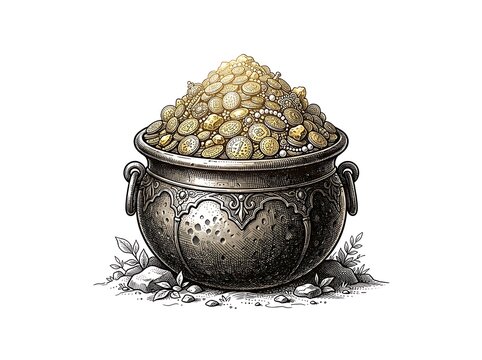 Overflowing pot of gold coins and jewels