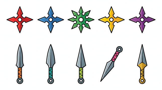Collection of colorful ninja throwing stars and kunai knives for martial arts game design