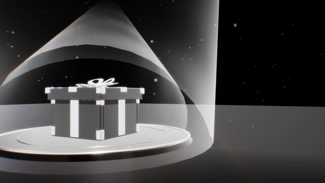 Glossy gift box lid opens on a round pedestal with metallic percentage discount sign under spotlight in 3D animation