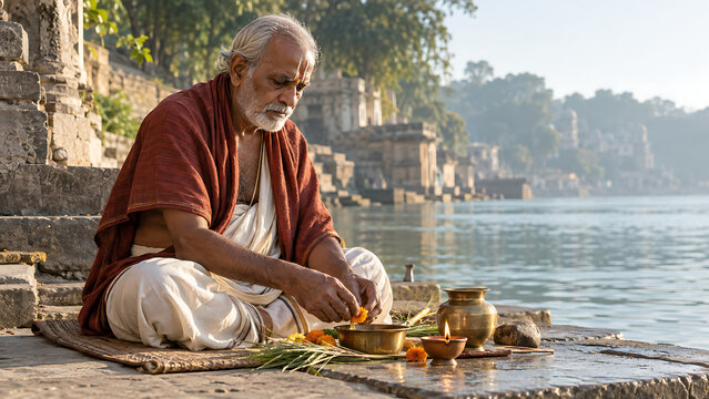 Elderly devotee performing riverside ritual with flowers brass vessels and diya during pitru paksha remembrance and durga puja sacred spiritual ceremony outdoors