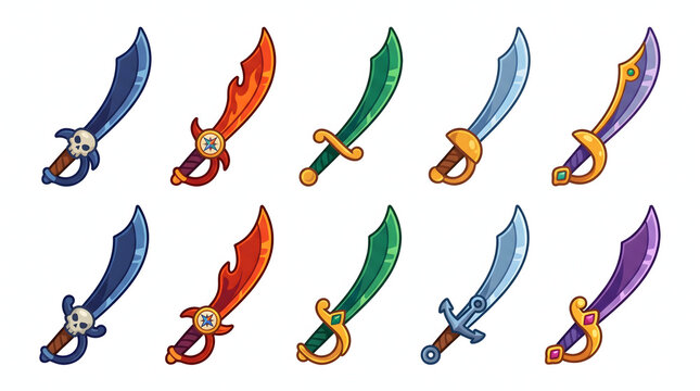 Set of stylized fantasy pirate cutlasses and magical daggers for adventure games