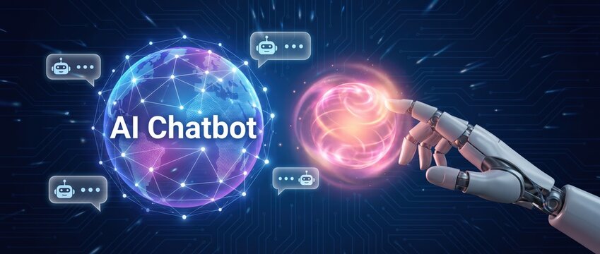 Innovative ai chatbot design showcasing a robotic hand engaging with a digital globe representing the evolution of technology and advancements in communication