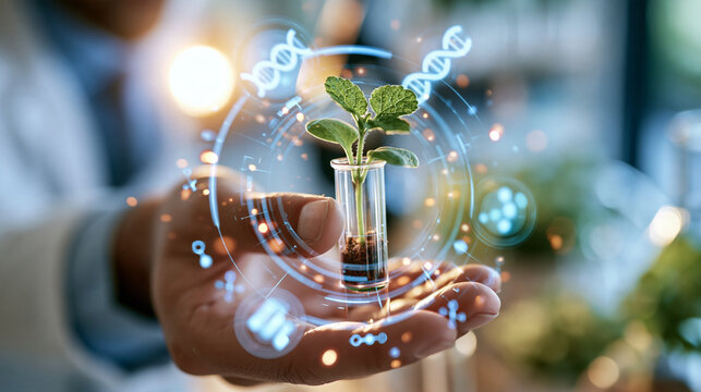 European hand holding a small test tube containing a healthy plant seedling surrounded by floating digital dna and biology icons cropped composition with face out of frame bright clean