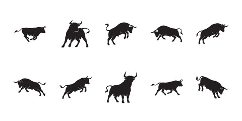 Obraz premium Aubrac cattle walking animal shapes. Assorted vector silhouettes of wild farm bulls in moving and standing poses on isolated white background.
