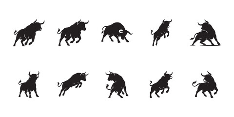Obraz premium Brown swiss cattle action shapes. Dynamic black silhouettes of wild bulls jumping and running for farm and dairy agriculture design.
