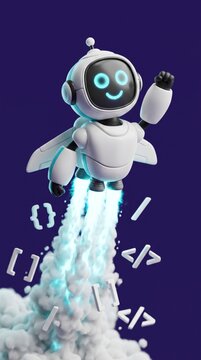 Cute white robot assistant flying upward with rocket exhaust smoke and glowing blue neon facial expression surrounded by floating programming code syntax elements against a dark purple background