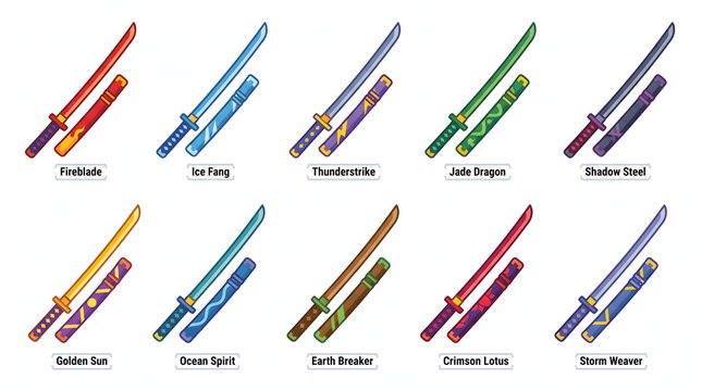 Fantasy elemental katana sword collection with unique scabbards for game design