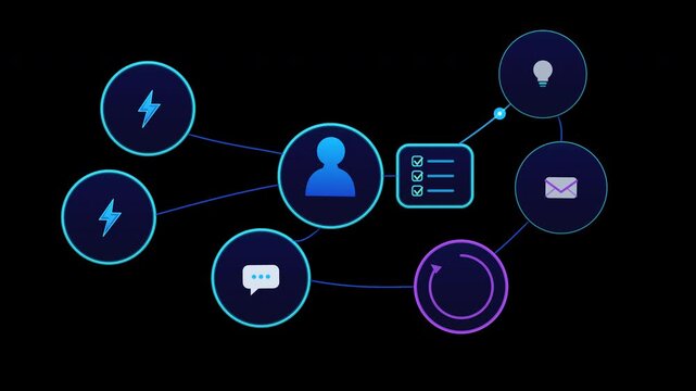 Connected digital nodes exchange glowing data signals through an intelligent workflow network with sequential checklist completion and final confirmation.