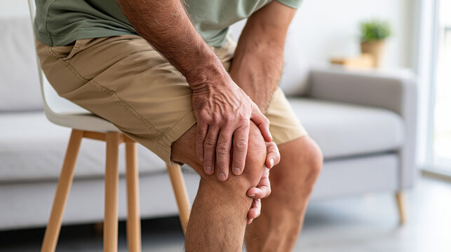 Mature man trying to stand from a chair while gripping one painful knee, side view with face out of frame and a bright minimal home interior, knee pain, mobility issue, joint discomfort,