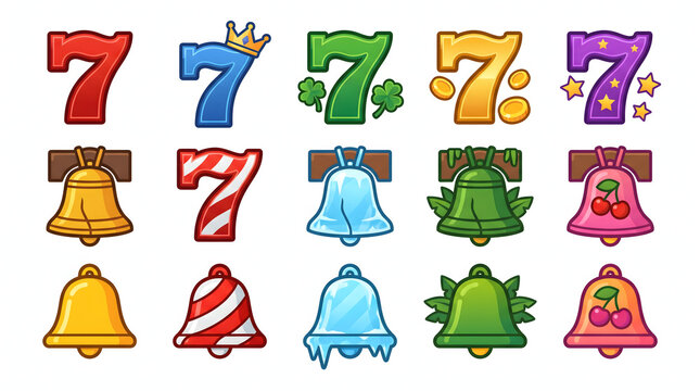 Colorful slot machine icons set with lucky sevens and bells in various decorative game themes