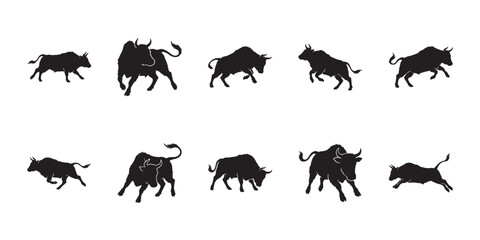 Fototapeta premium Nepalese lulu cattle silhouettes. Himalayan dwarf taurine breed vectors for mountain farm livestock designs.
