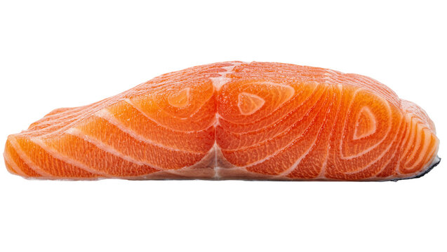 Fresh raw salmon fillet with distinct orange flesh and white fat lines, isolated on transparent background