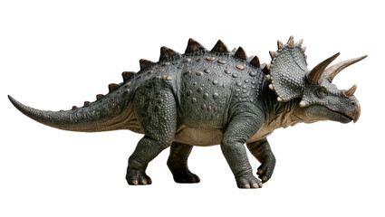Detailed grey triceratops dinosaur with horns and spikes, isolated on transparent background © Charlie