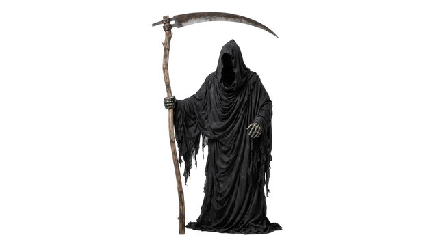 Grim Reaper figure with tattered black robe and scythe, isolated on transparent background