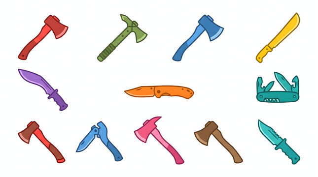 Professional set of colorful tactical axes and survival pocket knives illustrations
