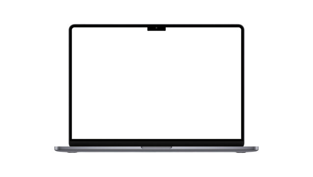 Modern grey laptop with blank white screen, isolated on transparent background