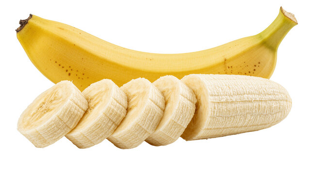 Whole yellow banana with sliced pieces, isolated on transparent background