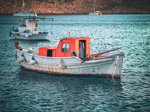 Weathered Wooden Workboat with Red Cabin on Aegean Coastal Water