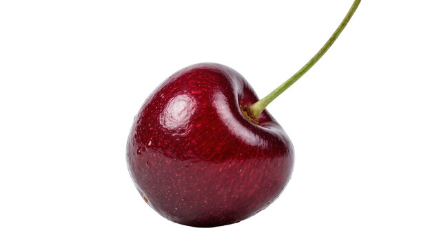 Single ripe dark red cherry with green stem, isolated on transparent background