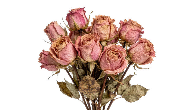 Bouquet of dried pink roses with withered leaves, isolated on transparent background