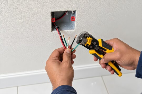 Electrician repairing residential electrical wiring in wall junction box using wire stripper and hand tools during professional home electrical repair and maintenance service work