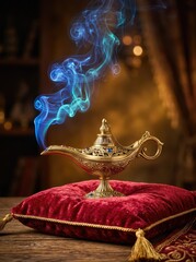 Obraz premium A gilded vintage magic lamp sits on a plush crimson velvet pillow, with mystical blue smoke curling upwards into a warm, atmospheric background, vintage, embroidery, decorative