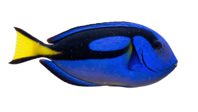Vibrant blue tang fish with black markings and yellow tail, isolated on transparent background