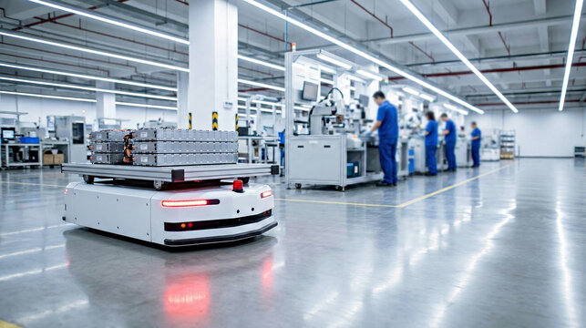 Autonomous robot transporting battery packs on smart factory floor, symbolizing industrial logistics and innovation.