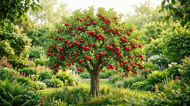 A lush, symbolic tree featuring bright, ripe red fruit is centrally placed in a dense, beautiful paradise garden under warm natural light, tree of knowledge, leaves, tree in garden