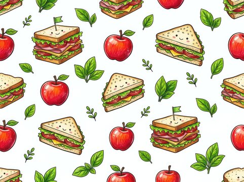A playful surface pattern of hand-drawn lunch items including cute sandwiches, whole red apples, and green leaves on a white backdrop, seamless, snack, digital