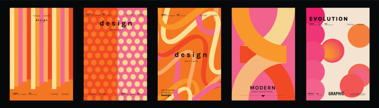 Abstract poster templates set. Vector orange and pink retro geometric backgrounds with stripes, dots, curves and bold colorful shapes for covers, flyers, brochures and branding.