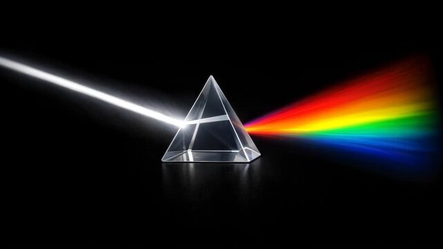 A prism emitting a colorful rainbow light, ideal for technology, science, and learning-themed projects